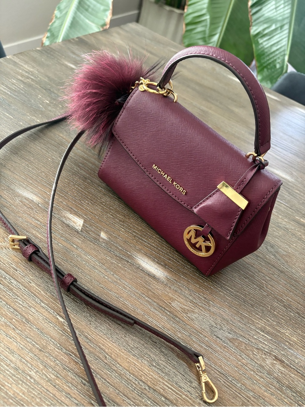 Michael Kors Plum Saffiano Leather Top-Handle Crossbody with Pom charm